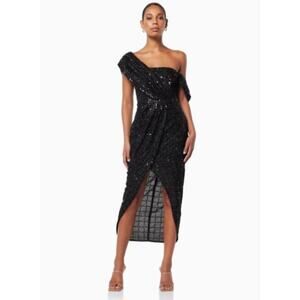 elliatt esther all over sequin draped off the shoulder midi tulip sparkly dress